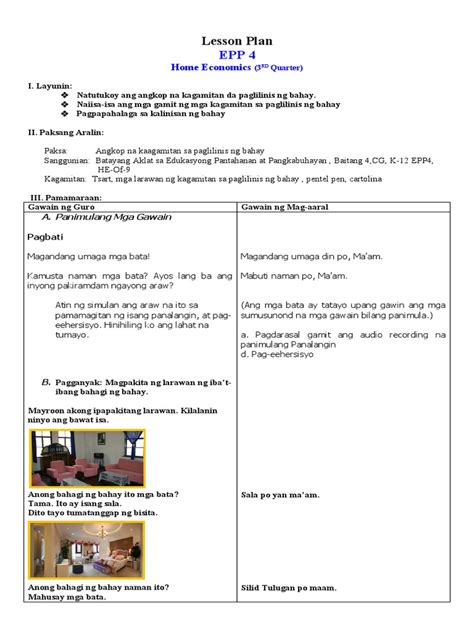 Lesson Plan Pag Lilinis NG Bahay .